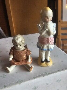Pair of Vintage Bisque Porcelain Figures - Cream, Pink, Brown